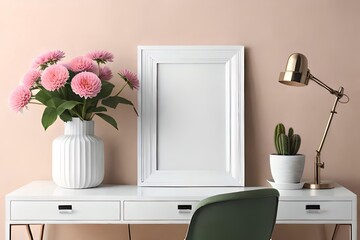 Minimal White Picture Frame Canvas Display With Flower in Vase