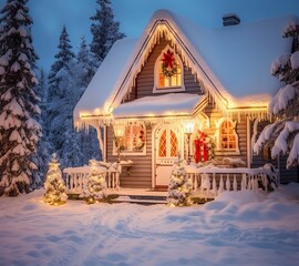 church in the snow, christmas house in the woods, christmas tree with candles and gifts