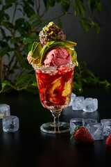 A cup of ice cream with avocado on a black background