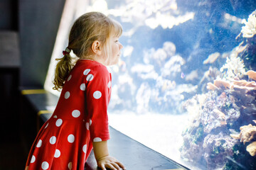 cute little toddler girl visiting zoo aquarium. Happy baby child watching fishes and jellyfishes,...