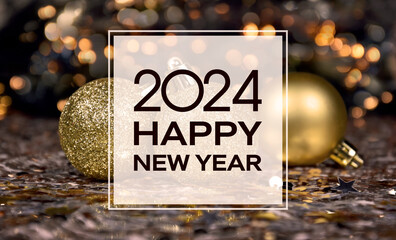 2024 Happy New Year background with golden Christmas ball and bokeh lights frame stock images....