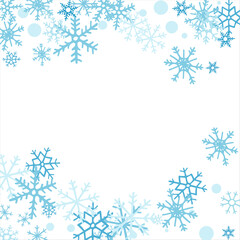 Fototapeta na wymiar Square winter snow frame with blue snowflakes on a white background. Festive Christmas banner, New Year card. Symbols of frosty winter. Vector illustration.