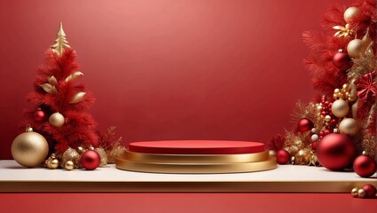 Fototapeta na wymiar Background products minimal podium scene with Christmas decoration in bright red and gold color in cute style.