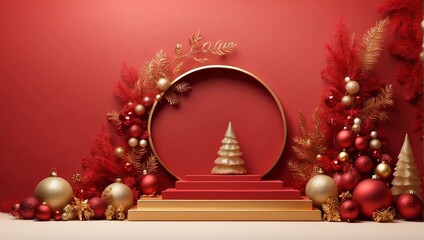 Background products minimal podium scene with Christmas decoration in bright red and gold color in...