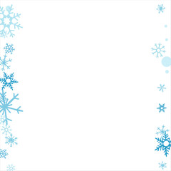 Square winter snow frame with blue snowflakes on a white background. Festive Christmas banner, New Year card. Symbols of frosty winter. Vector illustration.