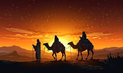 A nativity Christmas illustration of the three wise men magi on their journey