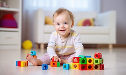 Baby Playing with Colorful Blocks on the Floor