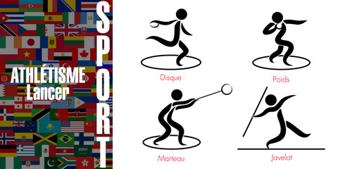 Ensemble de pictogrammes représentant en athlétisme les 4 disciplines sportives du lancer - Texte sur un fond de drapeaux mondiaux, Traduction : sport, athlétisme, lancer. - obrazy, fototapety, plakaty