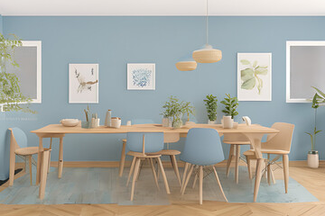 Modern Clean Contemporary Nile Blue Kitchen, Minimalist Interior Design, Wooden Dining Table