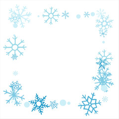 winter snow with blue snowflakes on a white background. Festive Christmas banner, New Year card. Symbols of frosty winter. Vector illustration.
