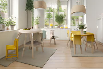 Modern Clean Contemporary Yellow Kitchen, Dining Table with Chairs and Herringbone Parquet Floor