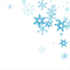 winter snow with blue snowflakes on a white background. Festive Christmas banner, New Year card. Symbols of frosty winter. Vector illustration.