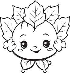 Cute Animal Face with coloring page design. Line art leaf girl faces coloring book design.