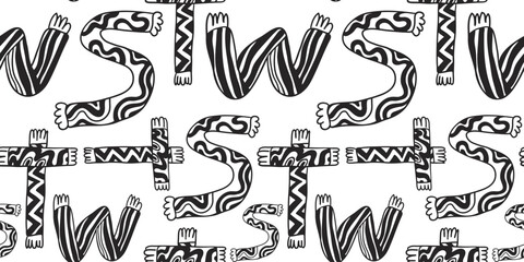 seamless pattern of scarves and hats in doodle style. template for print, background, wallpaper, fabric, coloring, header, article, children's book, toy, decoration. English alphabet made from scarves