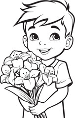 A Boy With a Bouquet of Hibiscus Flower lineart vector illustration