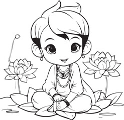 A Boy Sitting with two flowers coloring book sheet design.