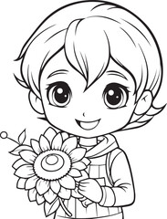 Girl With a Flower outline coloring book page design