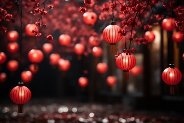 A Rows of red lanterns suspended in the air, creating a visually appealing and celebratory background reminiscent of traditional Chinese New Year decorations.