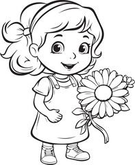 Cute baby Girl with a flower line art coloring page design