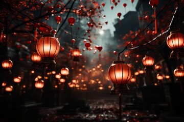 A Rows of red lanterns suspended in the air, creating a visually appealing and celebratory background reminiscent of traditional Chinese New Year decorations. - obrazy, fototapety, plakaty