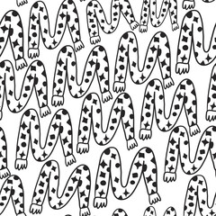 seamless pattern of scarves and hats in doodle style. template for print, background, wallpaper, fabric, coloring, header, article, children's book, toy, decoration. English alphabet made from scarves