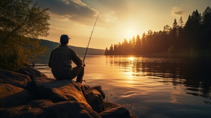 Late 30s man on fishing dock, calm lake at sunset. Golden rays cast warm glow on him wearing hat & vest, holding rod. Serene beauty in sharp-focus, stock image of peaceful ambiance.
