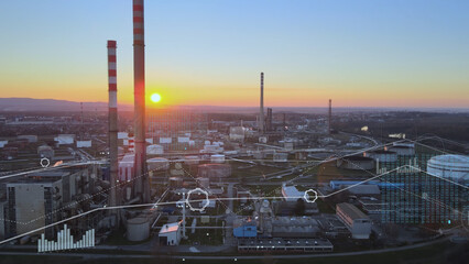 Metallurgic Industry Concept with Graphics. Aerial View of Modern Factory at Sunset and Animated...