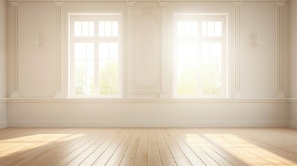 Bright room with white walls, wooden floors, and sunlit beams streaming through windows. Clean, modern, and spacious atmosphere