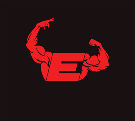bodybuilder unique vector with letter E, gym and fitness logo, design, emblem and icon