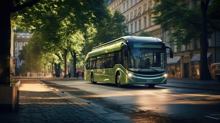 Fototapeta premium Green city bus captured in a naturalistic style, showcasing distinct texture and tonality. This sharp-focus image depicts urban streets with a transportcore theme, highlighting public transportation 