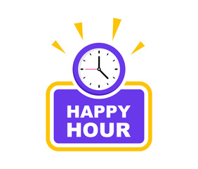 Happy Hour label. Badge with clock. Modern promotional banner. Vector Illustration.