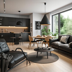 interior, design, scandinavian, black sofa, a combined living room and kitchen, wood round table and black chairs