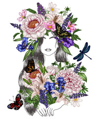 Vector illustration of a summer girl in flowers with a wreath on her head with butterflies