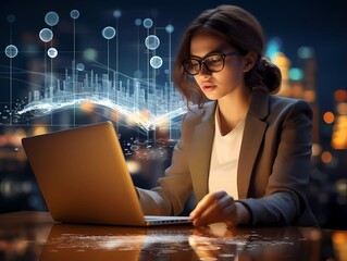 Businesswoman working on laptop, girl freelancer with computer in at table. Business concept image