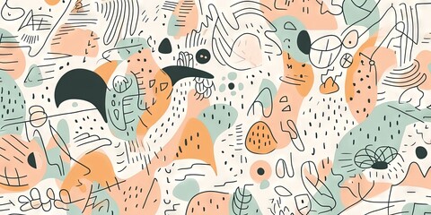 Obraz premium Children's cartoon abstract minimalist backdrop doodle drawing pattern with lines and geometric shapes. Fun, trendy colorful simple background, wallpaper texture design for kids. Generative AI, AI