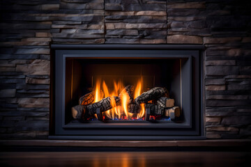 fireplace with burning logs, fireplace with burning wood, fireplace background  - Powered by Adobe
