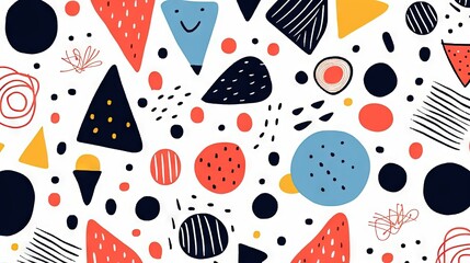 Children's cartoon abstract minimalist backdrop doodle drawing pattern with lines and geometric shapes. Fun, trendy colorful simple background, wallpaper texture design for kids. Generative AI, AI