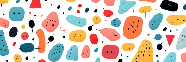 Gordijnen Children's cartoon abstract minimalist backdrop doodle drawing pattern with lines and geometric shapes. Fun, trendy colorful simple background, wallpaper texture design for kids. Generative AI, AI © Merilno