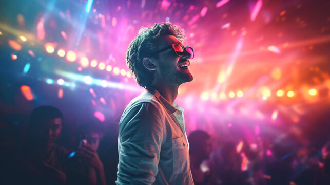 Music Festival in holographic neon-lit virtual colors. Person in Night Club, Disco Show. Banner.