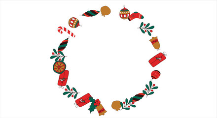 Christmas card frame with empty space for wishes. Gingerbread, orange, Christmas tree decorations, branches, gift boxes, sock, holly berries. Vector illustration