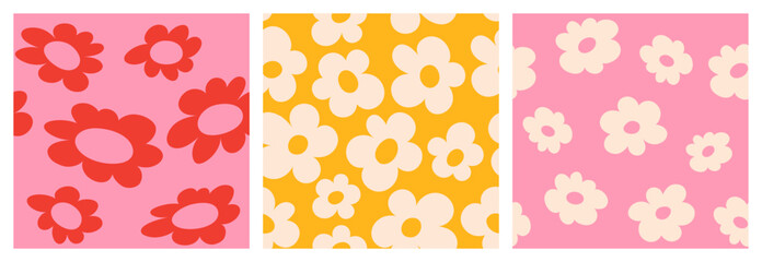 Set of seamless patterns of flowers in groovy style