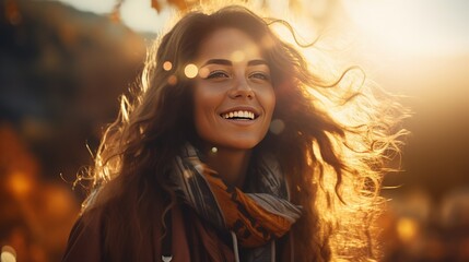 Photo of a young woman in autumn outdoors with sun in the background, in the style of adventurecore