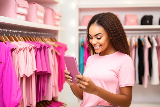 Young woman in pink shirt checking her cell phone in clothing store.