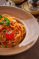 Close-up of pasta with a little cheese and oregano