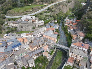 Drone view at the village of Verres in Aosta velley, Italy