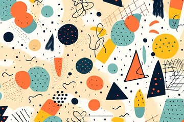 Children's cartoon abstract minimalist backdrop doodle drawing with lines and geometric shapes. Fun, trendy colorful simple background, wallpaper texture design for kids, vector. Generative AI, AI