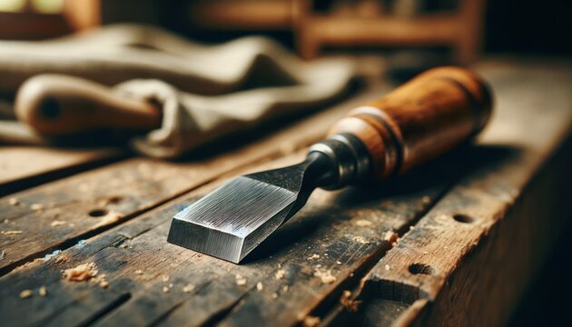 Close-up image of a well-worn woodworker's chisel with a wooden handle on an old workbench, symbolizing traditional craftsmanship
