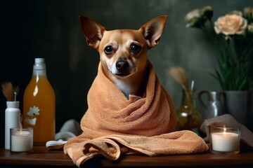 Dog or puppy at spa procedures at beauty salon. Dog in towel after bath, haircut grooming, massage and manicure, with bottles and jars of pet cosmetics.