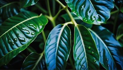 A close up of tropical plant leaves with rain drops on it. Green tropical plants background.