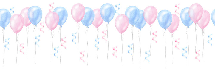 Banner blue pink balloons, boy girl birthday surprise. Gender reveal party, baby shower. Hand drawn watercolor illustration isolated on white background. For newborn products